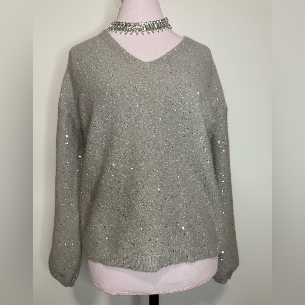 LOFT light Gray Women's Sweater with metallic threading & sequins size medium